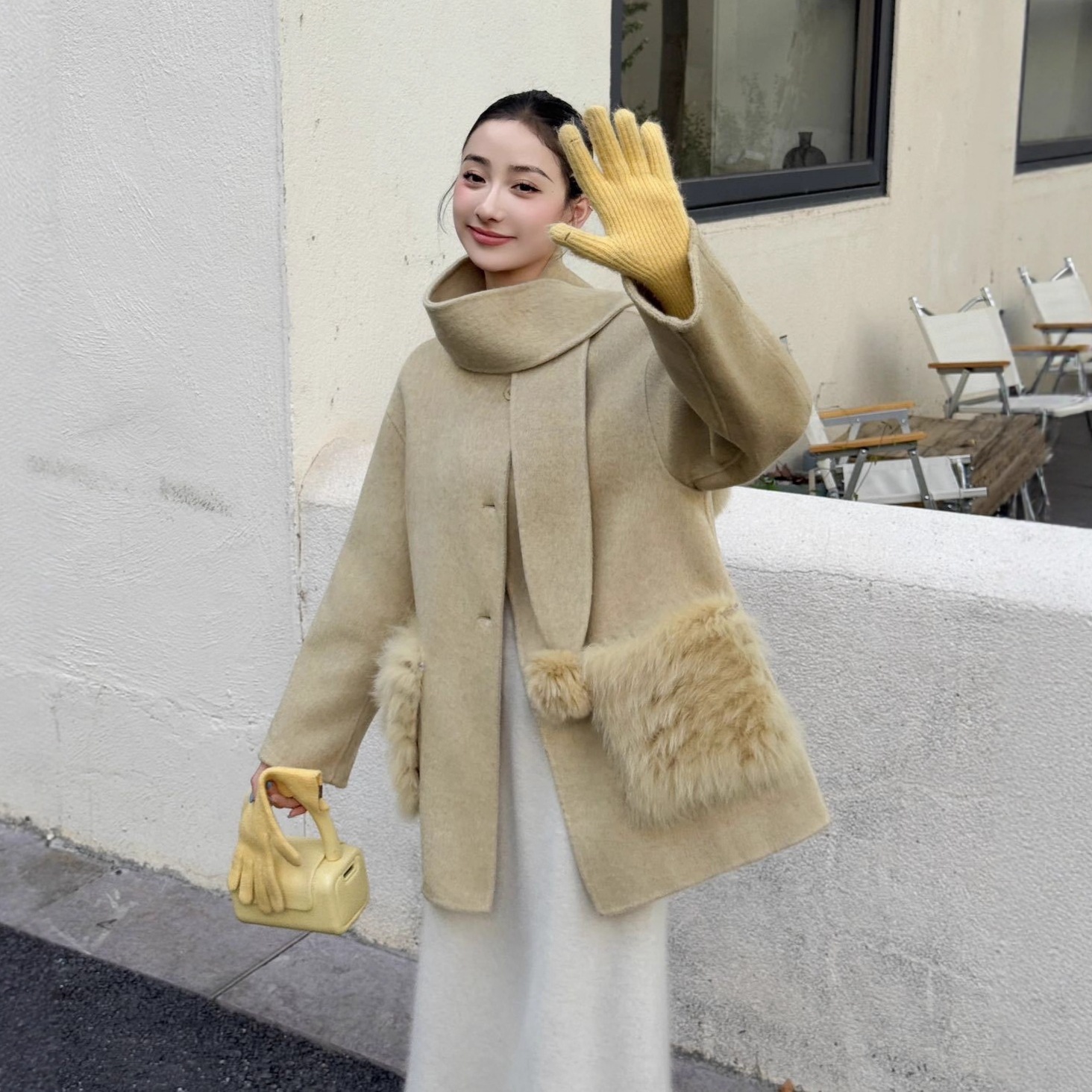 2025年秋冬 両面厚手フォックスファーポケット付き両面ウールコート ミドル丈 エレガントスタイル 厚手韓国風アウター