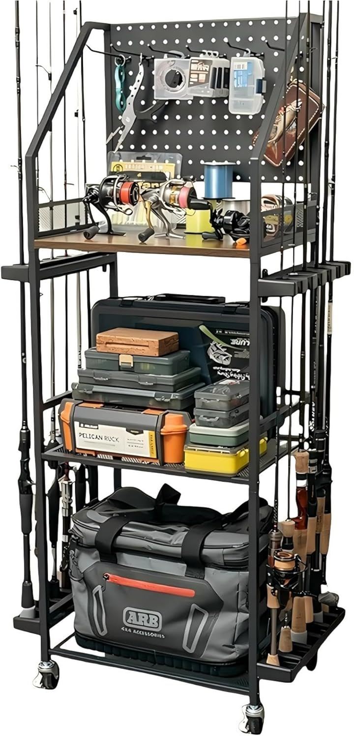 ロッドスタンド 釣り竿立て 釣竿置き 12本用 大容量 4in1 ロッドラック 釣り具収納 整理 移動式 ロッドホルダー キャスター付き 移動便利 パンチングボード付き (ブラック)