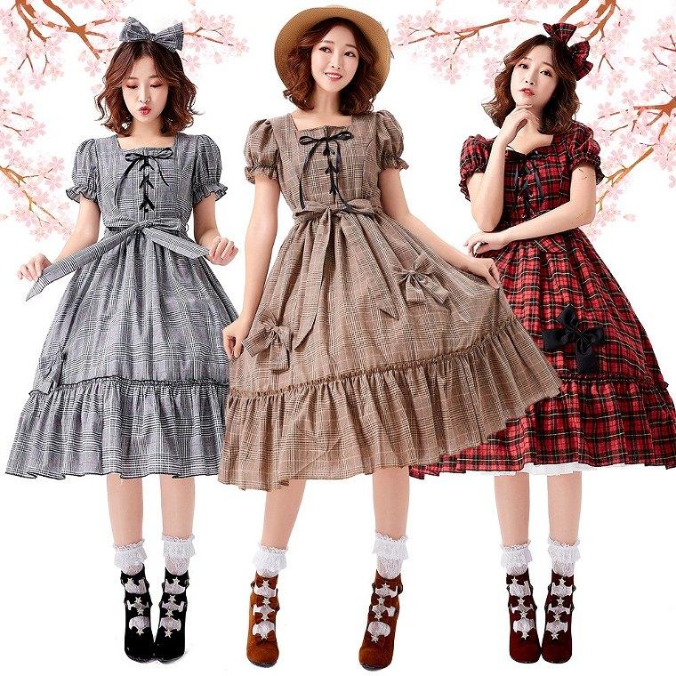 コスプレ ハロウィン コスチューム ロリータ メイド ゴスロリ クラシカル 仮装 衣装 レディース ワンピース ミドル丈 ワンピ ロングワンピ チェック