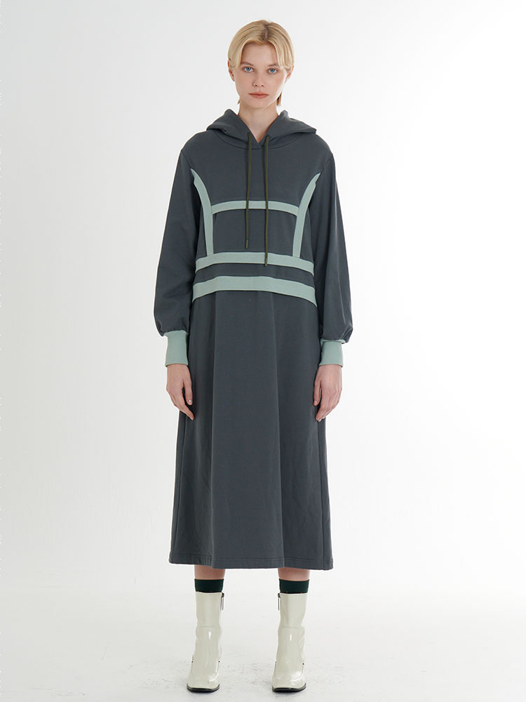 면스판 쭈리 백 기모브러쉬 구조적인 배색 립 디테일 후드 미디드레스_다크아보카도그린