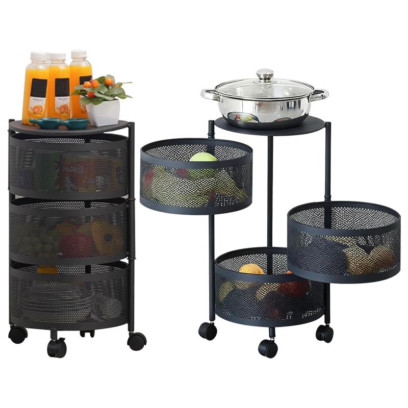 キッチンワゴン 収納ラック ワゴン キャスター付き 収納ボックス キッチン収納 可動 大容量 通気性 収納ワゴン 360回転 台所 寝室 収納室 (黑い色, 円形3層)
