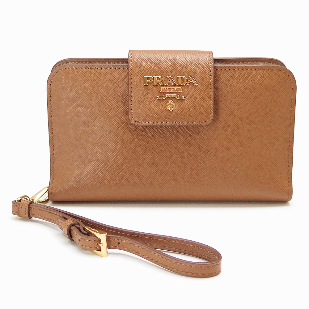 訳あり コンパクト 長財布 レディース スマホケース スマホポーチ メタルロゴ サフィアーノ レザー キャラメル ストラップ付 1DF001