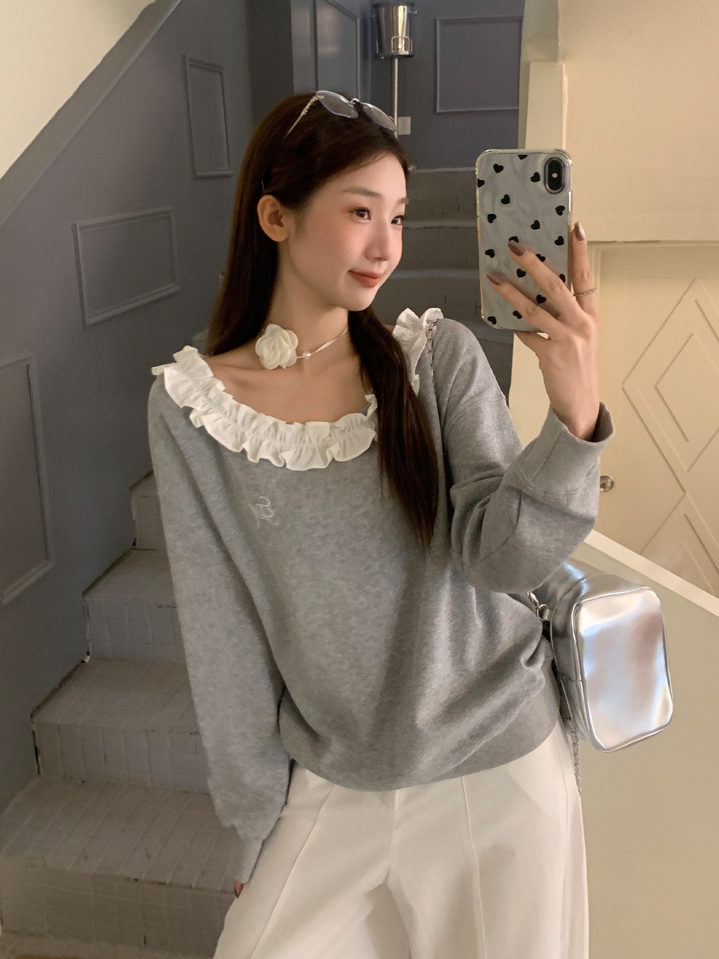 Korean New Design Fashionable Ear-Trimmed Patchwork Off-Shoulder Top 2025 Early Autumn Long-Sleeve W