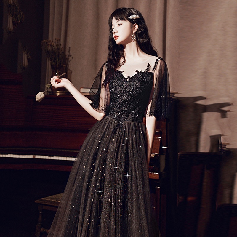 女性用イブニングドレス2024宴会気質芸術テストブラック宴会ドレス誕生日パーティードレス