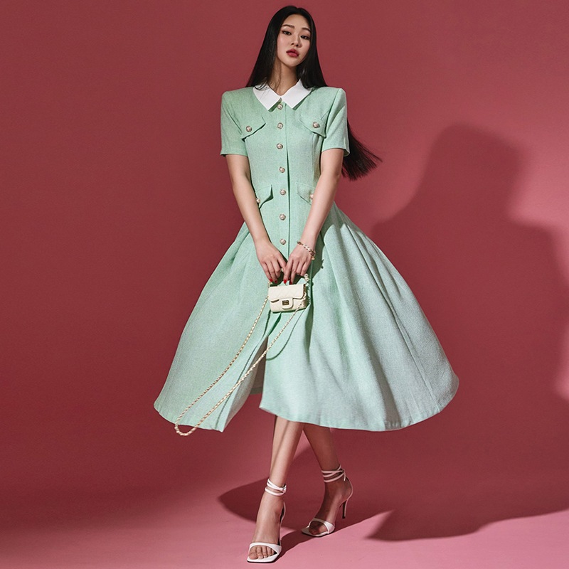 D4664 ツイード カラー Aライン ミディアム ワンピース