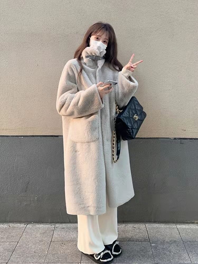 韓国ファッション ミンクの毛を模造する ゆとりがある 毛皮 ニーコート ウールのオーバー モコモコしててかわいい 可爱 20代 5,915円