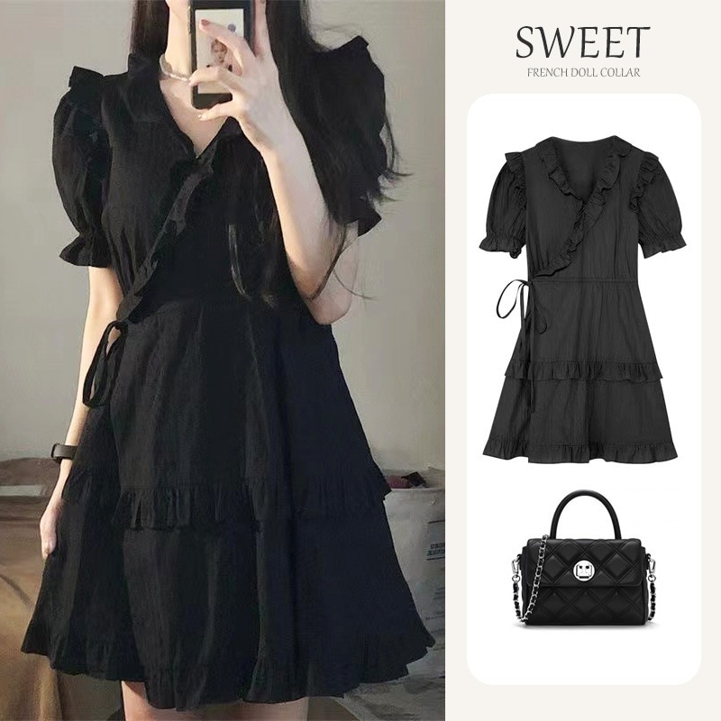 ティーブレイクフレンチブラックドレスレディース2025年夏新作スモールハイエンドホットガールキキョウショートスカート