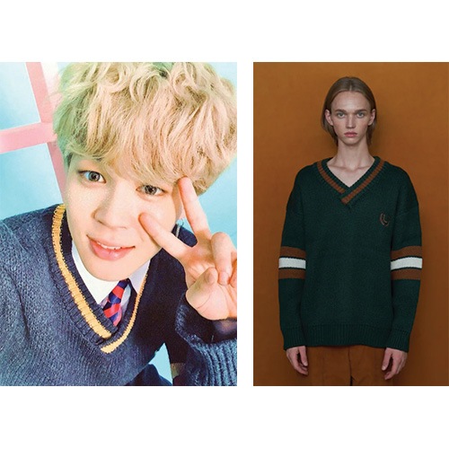 [BTS ジミン/EXOベッキョン/キムボラ着用] ブイネックロングスリーブニット_Green/防弾少年団ファッション 韓国人気ファッション