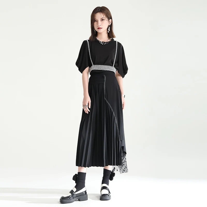 上下セット フリル袖シャツ＋プリーツスカート レースアップ  セットアップ レトロ レディース セットアップ