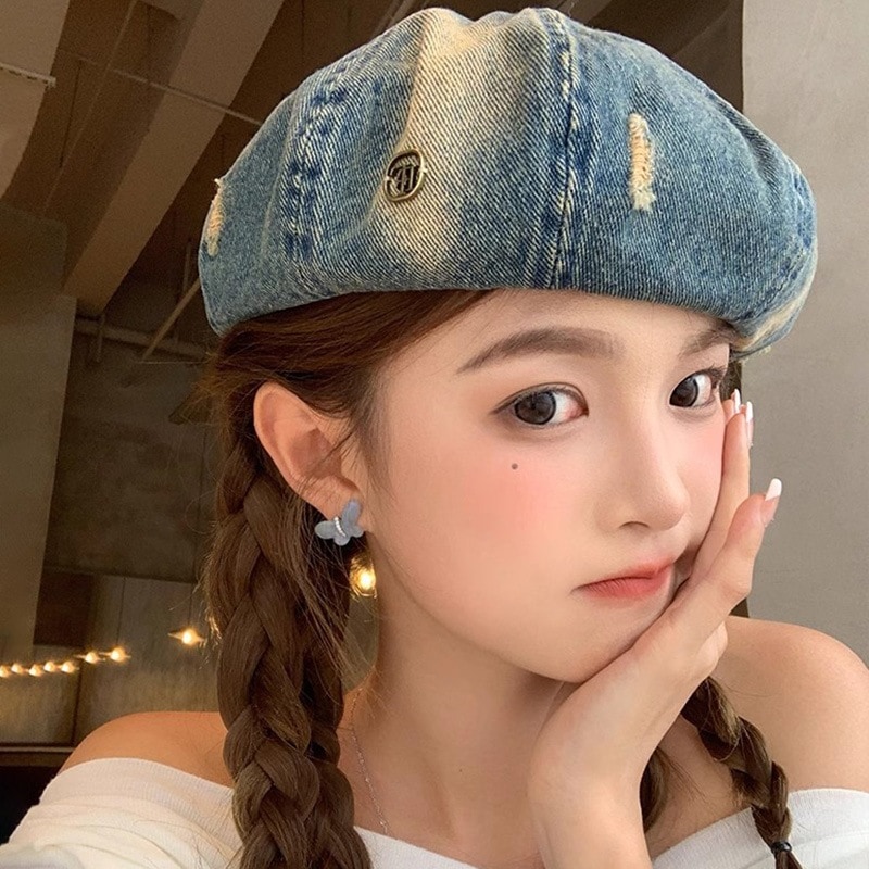 重工業デザイナーレトロウォッシュデニムベレー帽女性韓国ユーズド加工穴八角形帽子インターネットセレブクラウドハット