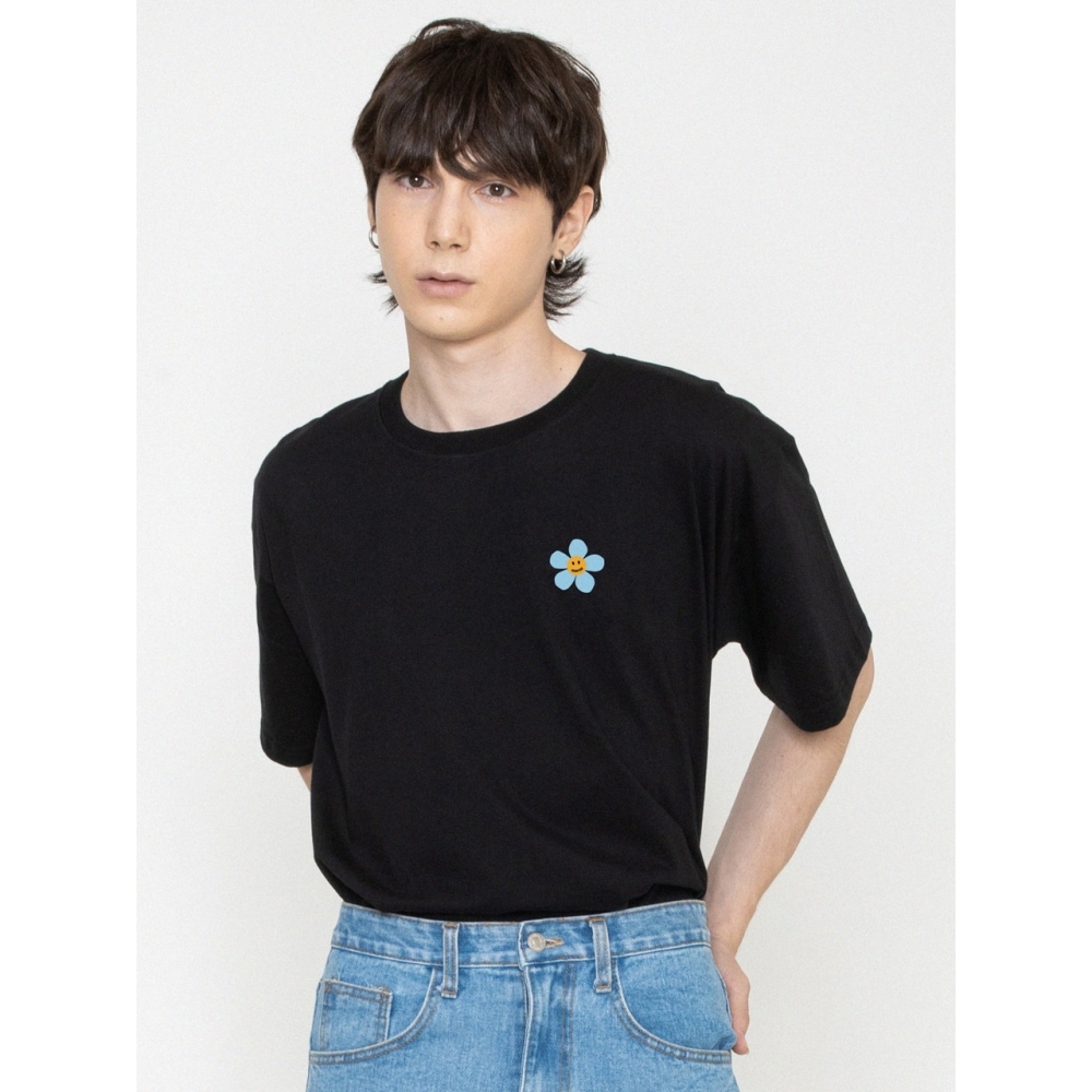 グレイバースカイブルーフラワードットスマイルロゴ半袖Tシャツ 4COLOR
