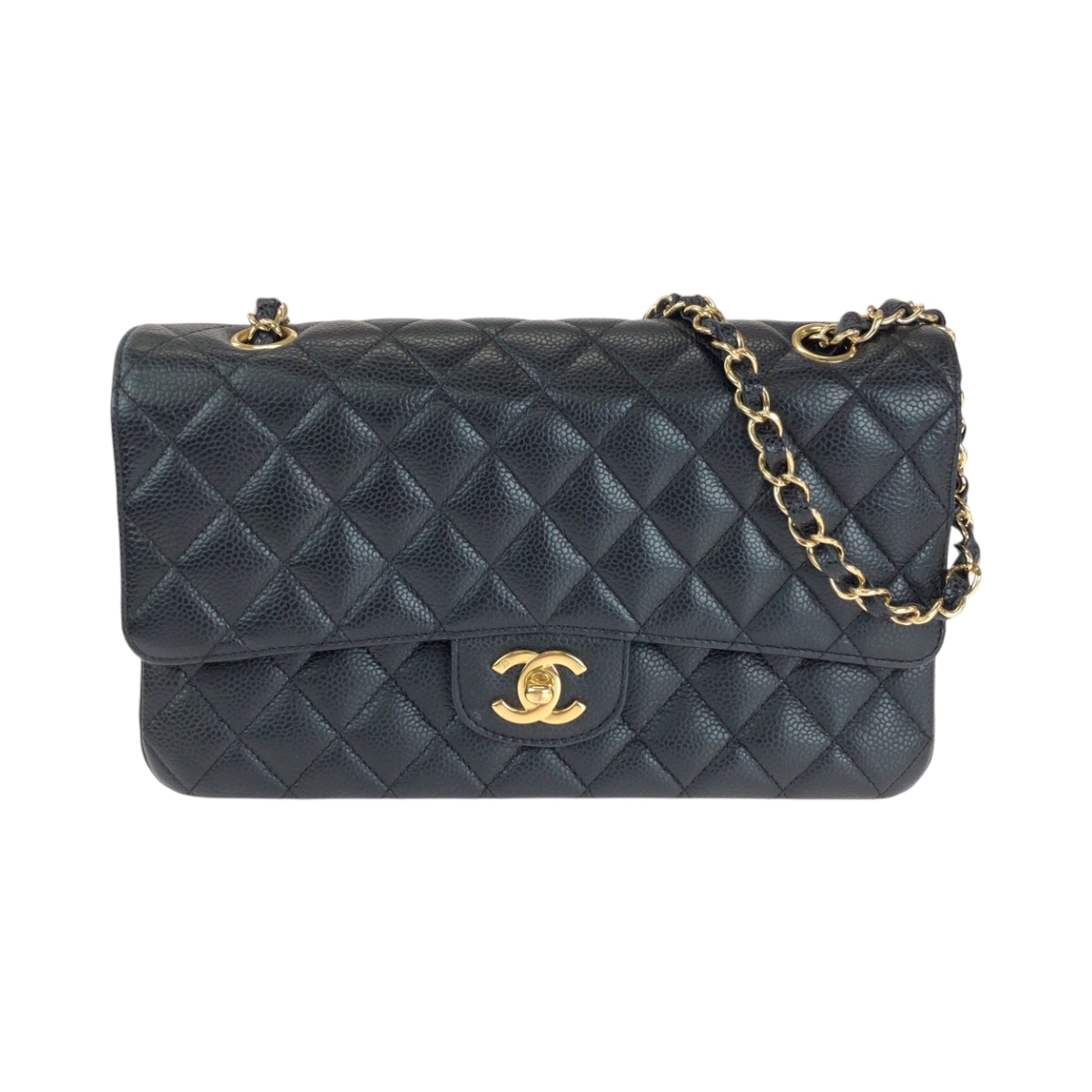 超美品 マトラッセ ダブルフラップ ココマーク ターンロック ブラック 黒 ゴールド金具 キャビアスキン チェーンショルダーバッグ レディース 500019