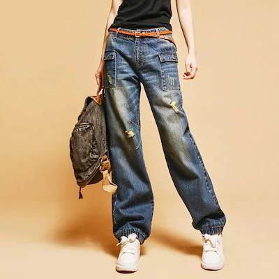 デニムパンツ レトロ グラデーションカラー 四季 ファッション ブロークン レギュラー丈