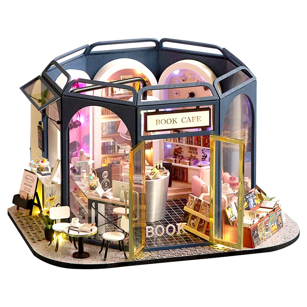 1/24 ドールハウス ミニチュア 手作りキット セットブック カフェ 本屋 音楽 ミュージック 本ケーキ 大型 LEDライト(3色) + アクリルケース