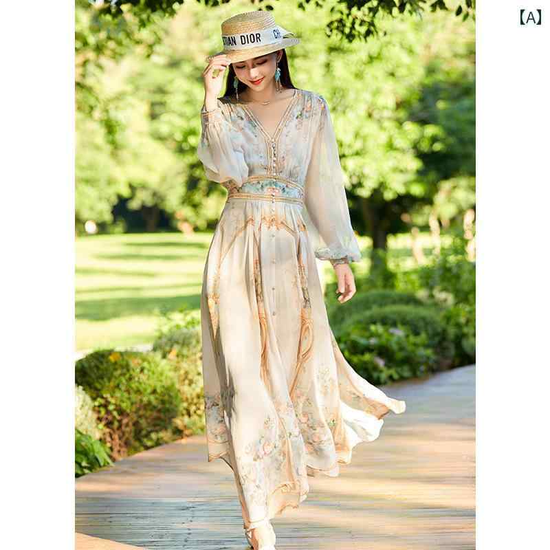 レディース ドレス ワンピース 100 プリント シルク 長袖 ドレス 春秋 スタイル エレガント スリム ウエスト バブル スリーブ ロング スカート