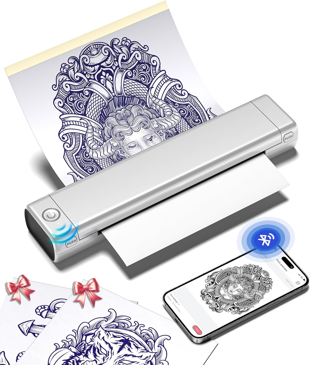 Phomemo M08Fタトゥープリンター 用紙10枚付属 タトゥーマシン サーマルタトゥープリンター tattoo machine 刺青コピー機 モバイルプリンター スマホ＆PC対応 シルバー
