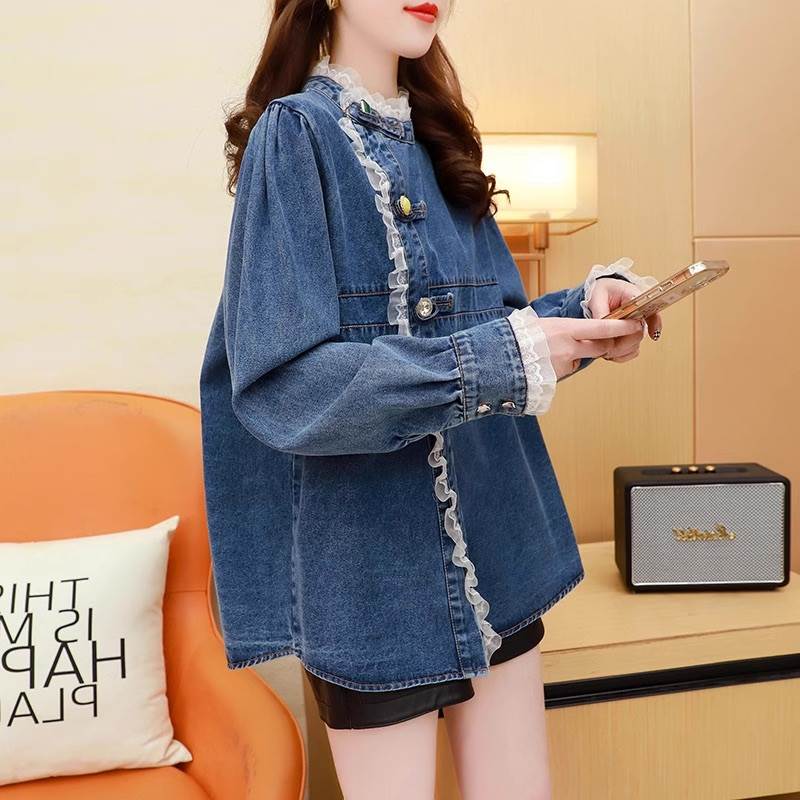 トップス シャツ ブラウス レディース 長袖 ハイネック アシンメトリー フェミニン ストリート レース 前開き ボタン 切り替えデザイン ドッキング デニム ブルーデニム 異素材ミックス かわいい 5,141円