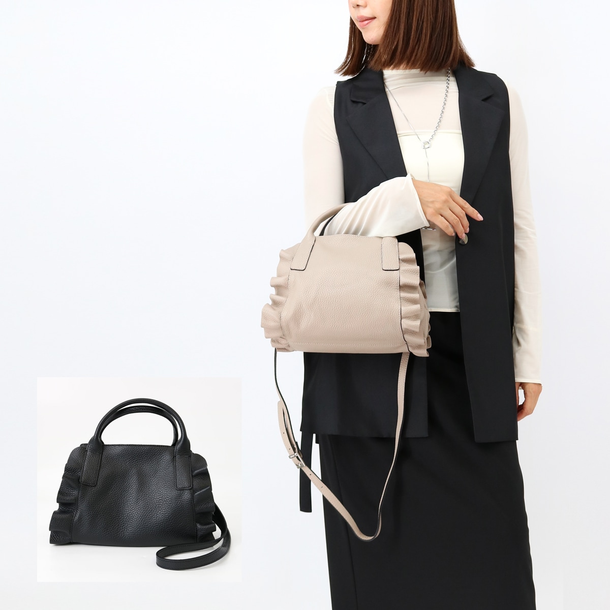 MEDINILLA 8602OJ ハンドバッグ レディース ショルダーバッグ フリル 2WAY レザー ロゴ トートバッグ 鞄