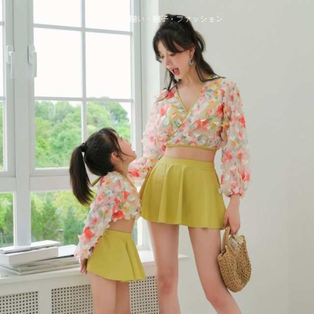 女の子水着 親子ペアルック 体型カバー 親子コーデ 黄色 花柄 子供水着 ビーチ 海 温泉 UVカット ママ水着 レディース水着 プール 水泳 キッズ水着 母親 girl115 5,384円