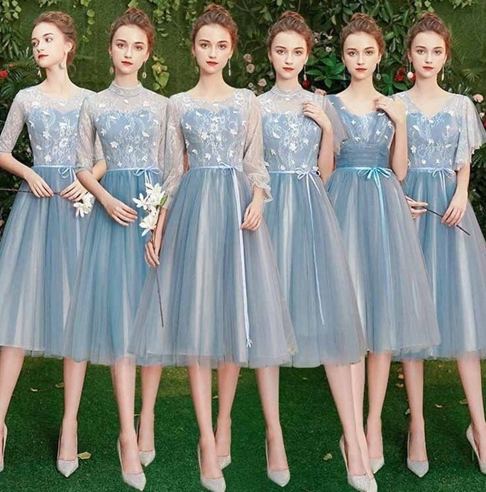 ブライズメイド ミモレ丈 ブルー ピアノ発表会 ドレス 大人 袖付き カラードレス 結婚式 パーティードレス 20代 30代 40代 謝恩会 披露宴 同窓会 女子会