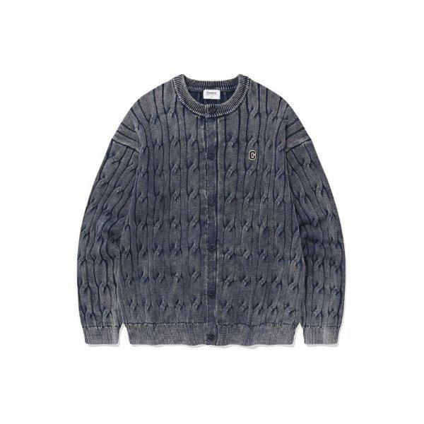 ジャケット JQS CO2403KT03-DB C ロゴ ケーブル ストーンウォッシュ ラウンドネック カーディガン ダークブルー