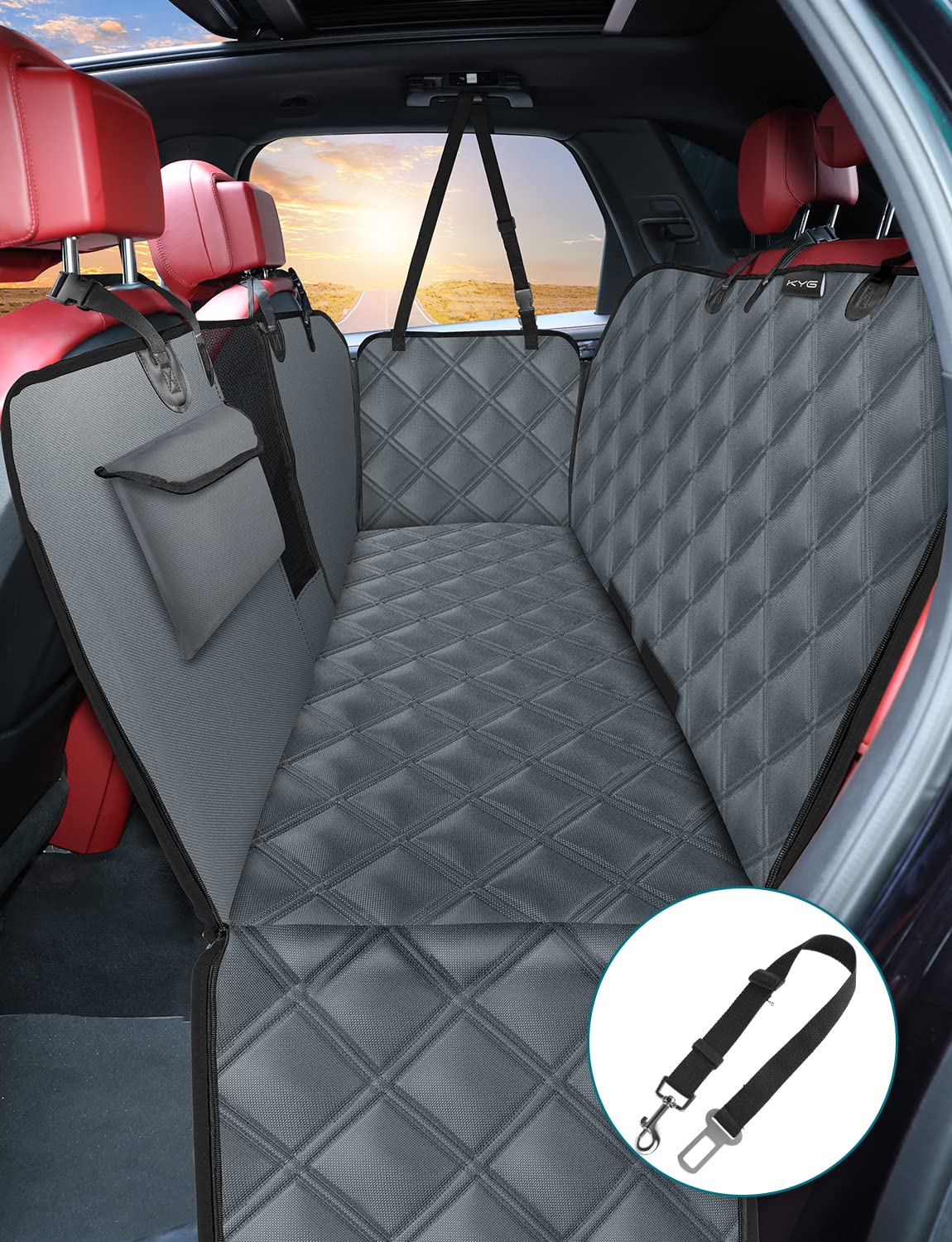 KYG ペット用 ドライブシート 汎用版 全車種 後部座席 可視メッシュ窓 飛び出し防止リード付き 汚れ防止 防水 耐摩 滑り止め 簡単取り付け 折り畳み式 ブルーグレー
