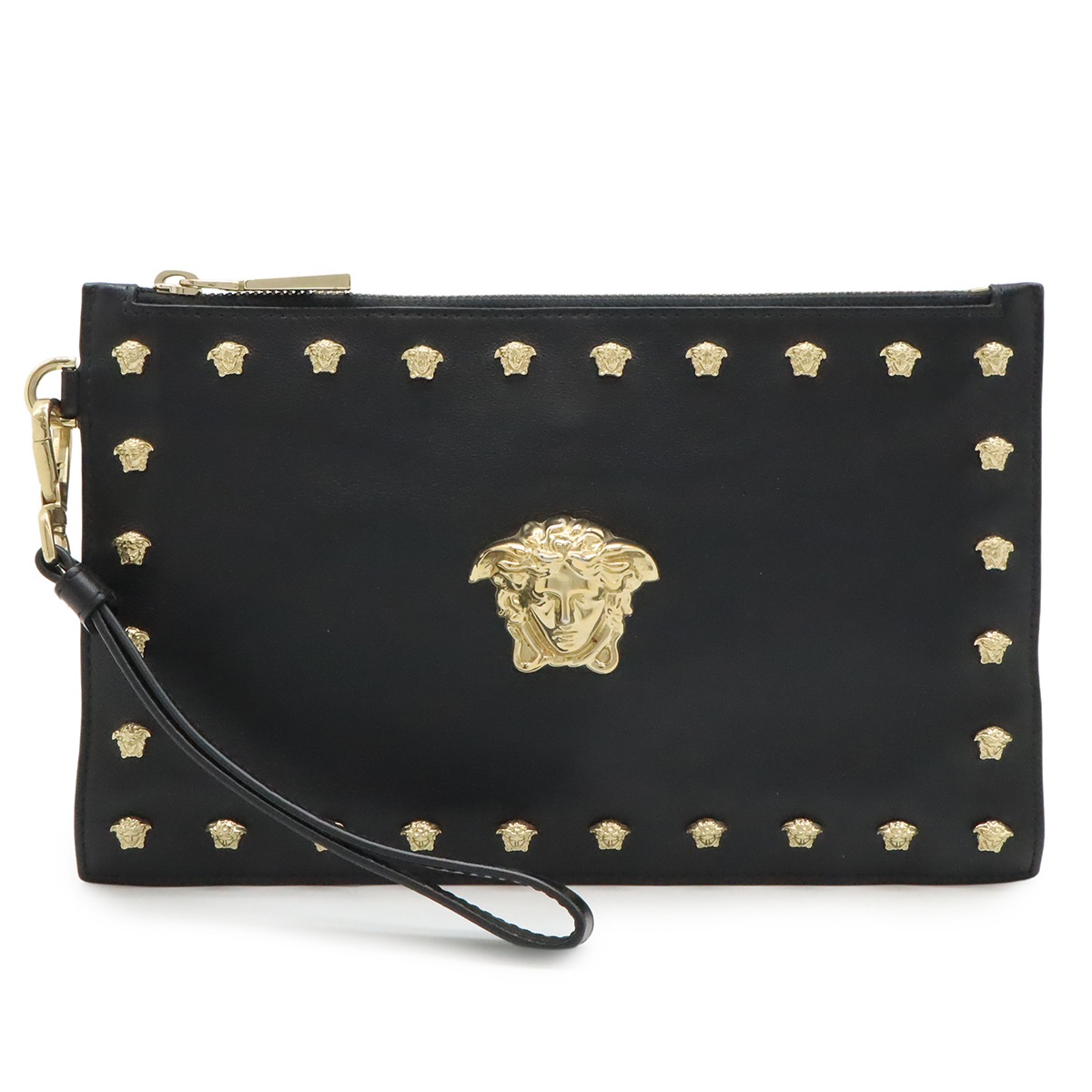 VERSACE ヴェルサーチェ ヴェルサーチ ベルサーチ メデューサ スタッズ クラッチバッグ セカンドバッグ ジップポーチ レザー ブラック ゴールド金具
