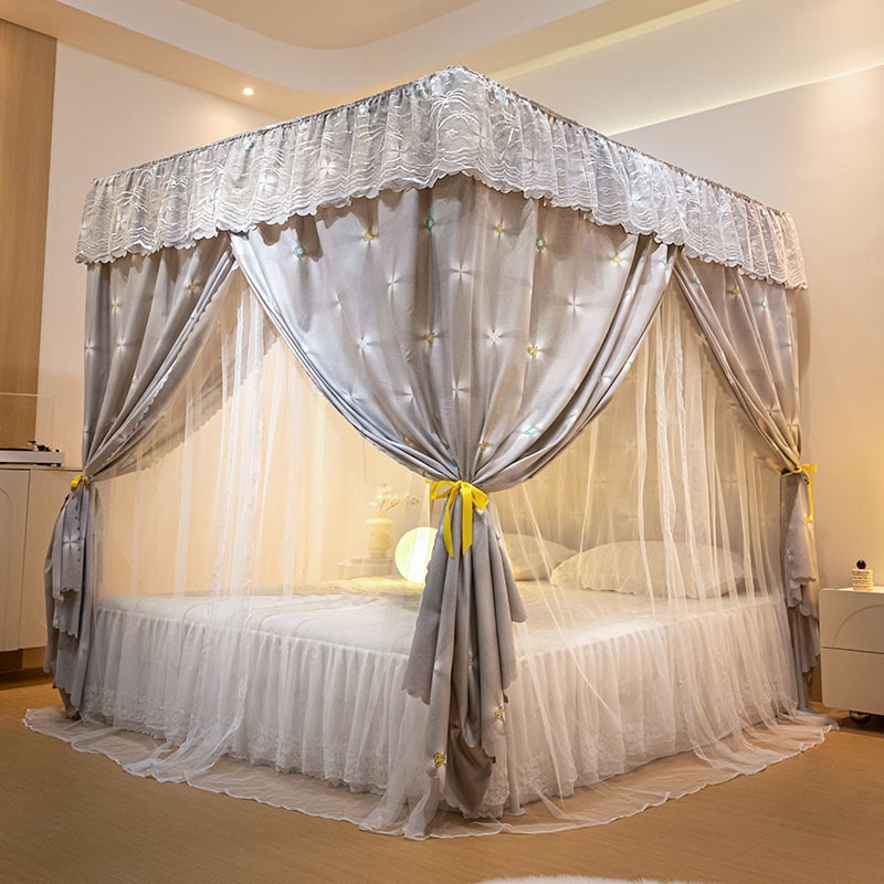 新しい厚みのある蚊帳ハワイアンスタイルの二層遮光ベッドカーテンホームパレス床置き型3ドア防塵ベッドカーテン