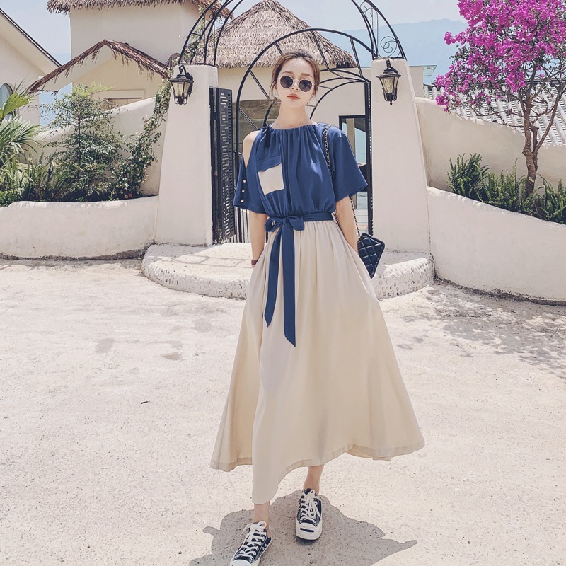 実際の新しい光成熟した風のドレス女性夏フランスウエスト薄い衝突スプライシング偽のツーピースロングスカート