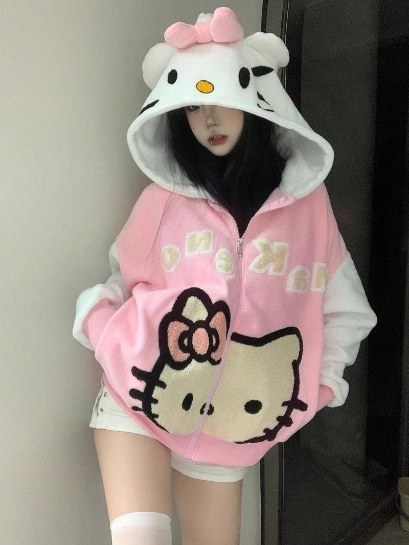 新しい2025hellokitty ハローキティ 刺繍 ポーラーフリース フード付きセーター レディース 冬 暖かい かわいい ジャケット新製品8-50