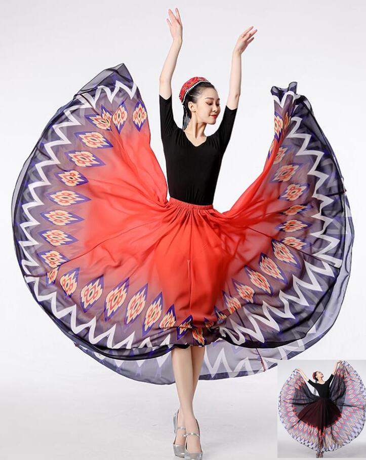 古典舞踊ダンス衣装 レディースダンススカート大きい裾スカート 民族風新疆ダンス衣装裏地あり練習着 レッスンウェア グラデーション 社交ダンス 民族ダンス クラシカル バレエ ヨガ ス