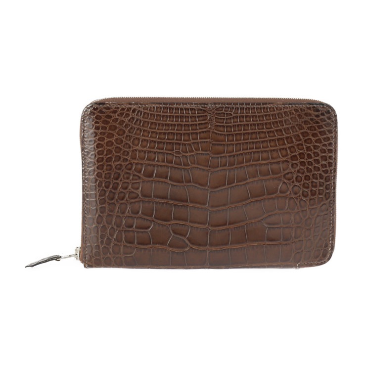 アザップ コンバイン 二つ折り財布 アリゲーター ハバナ ダークブラウン系 シルバー金具 ラウンドファスナー 長財布 M刻印【本物保証】