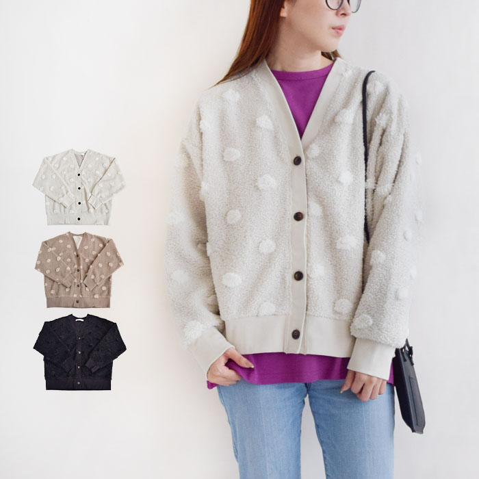 pu2le パズル カーディガン トップス Vネック リブカーデ ボアファードット柄×ニットソー レディース 長袖 暖か 秋 冬 ホワイト ベージュ ブラック 4646543 5,960円