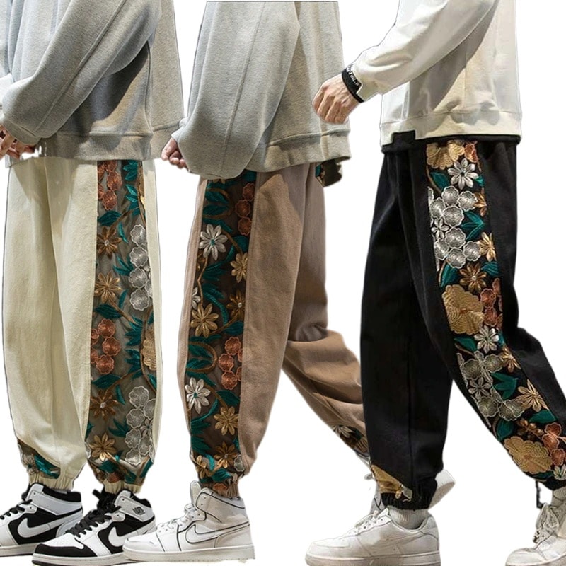 チャイナ風パンツ カーゴパンツ サルエルパンツ 刺繍 男女兼用 メンズ レディース 中華風 黒 白