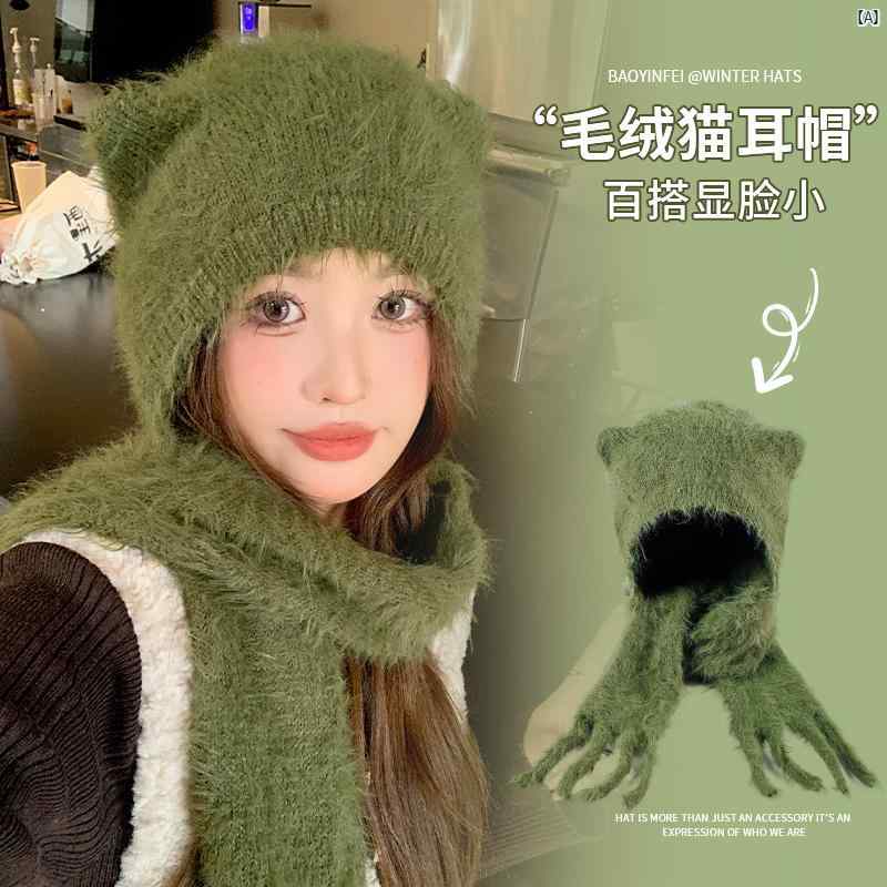 レディースファッション ファッション小物 オシャレ 猫耳 ぬいぐるみ ニット 耳保護 帽子 秋冬 韓国 顔 小柄 スカーフ オール イン ワン 暖かい ウール