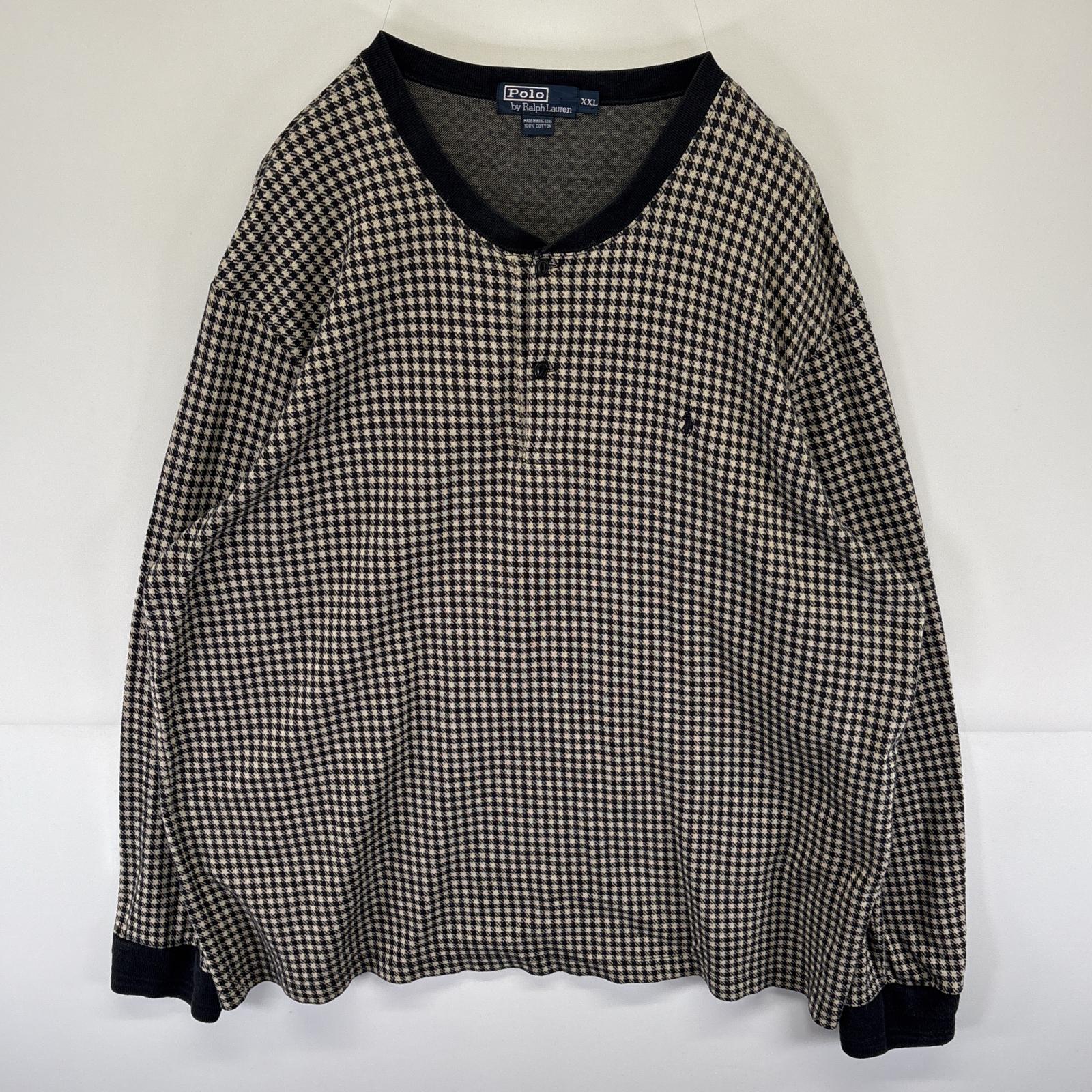 古着 ポロバイラルフローレン Polo by Ralph Lauren 長袖Tシャツ 千鳥格子 チェック柄 ワンポイント ヘンリーネック XXL ブラック メンズ