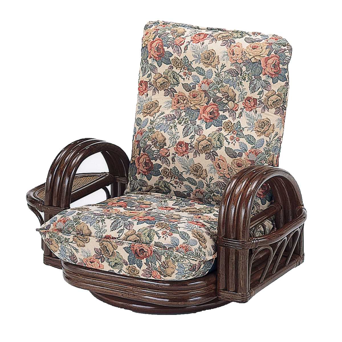 籐 リクライニングチェア 回転式 ロータイプ 棚ラック付 座面高24cm 回転 座椅子 テーブル 収納付き パーソナルチェア ラタン クッション ラタンチェア 籐家具 肘掛付き 花柄 アジアン