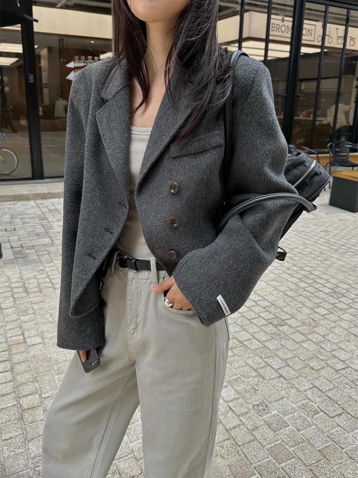 復古風通勤気質斜列ボタン両面スーツ女性2023冬新型ゆるいコート21607