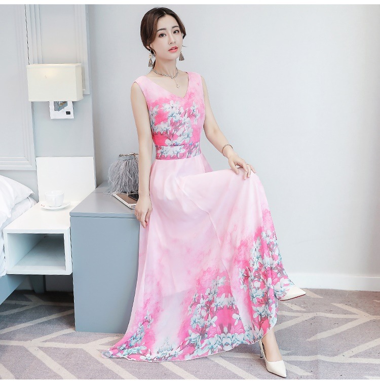 1551.花柄シフォンノースリーブドレス（ピンク） 2019 春夏 sale 演奏会 コンサート 結婚式 ブライダル 食事会 パーティー