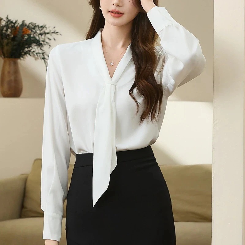 秋服 シアーシャツ 長袖 柔軟ダウン 通勤 Vネック長袖 シャツキャリアネクタイ 白 シャツ ブラウス シャツ レディース レディース オフィス