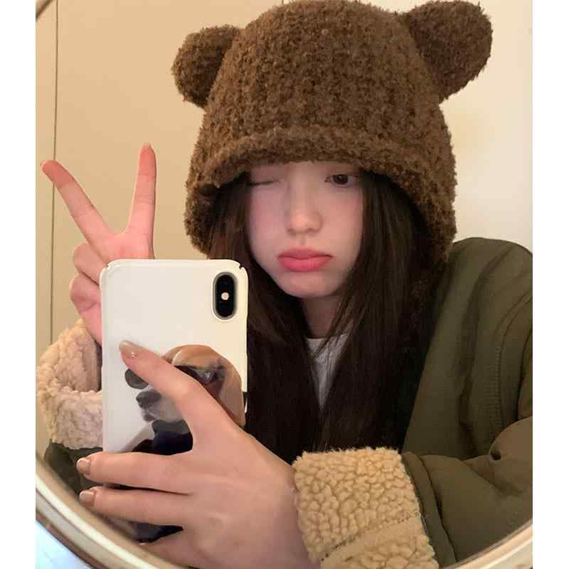 帽子 レディース 冬用 かわいい くま耳 ニット 柔らかい 厚手 防寒 暖かい 韓国 耳あて カバー ウール 紐付き 普段使い レジャー 黒 ベージュ アイボリー