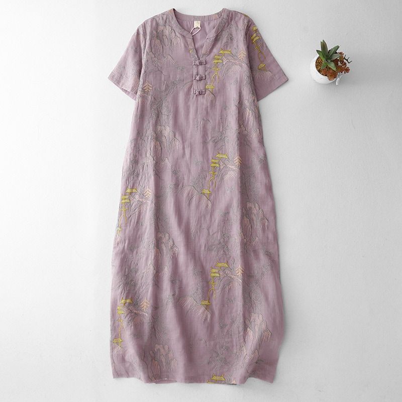 【急速出荷】軽やかな呼吸感ラミー麻の中国式刺繍肌理感ワンピース女性Vネックタートル半袖スカート