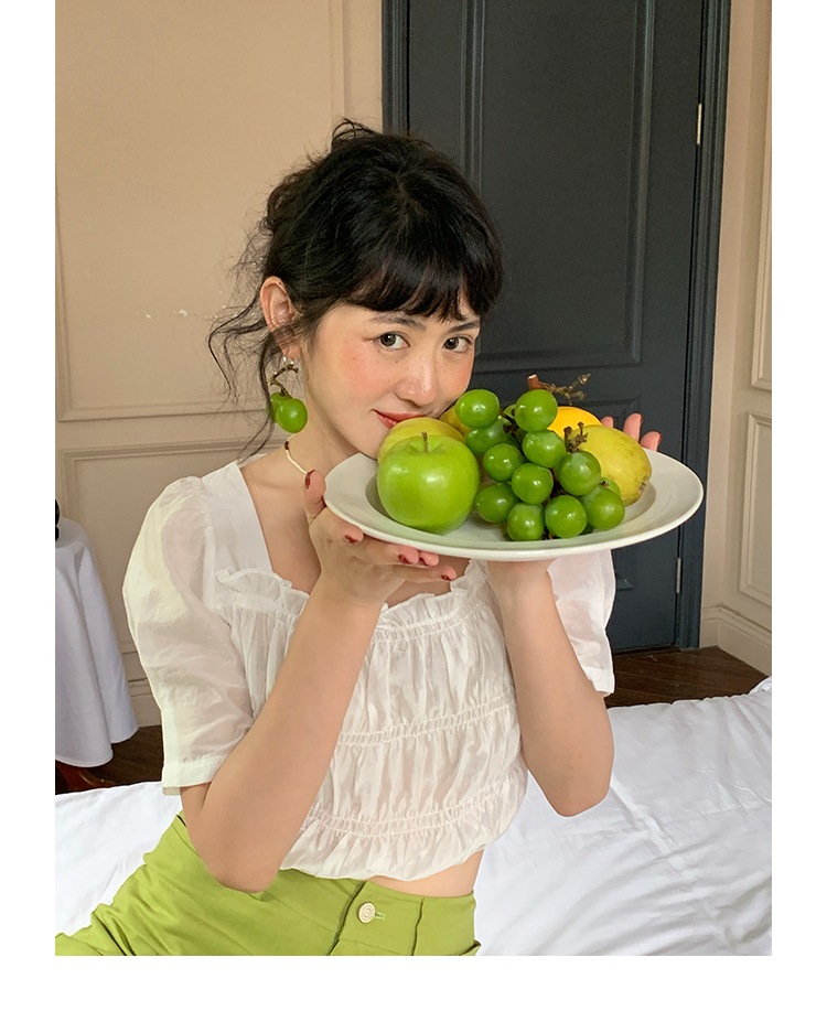 プリーツ スクエア カラー パフスリーブ シャツ レディース サマー フレンチ レトロ ジェントル トップ ホワイト イエロー フリーサイズ トップス かわいい 大人可愛い きれいめ シンプル