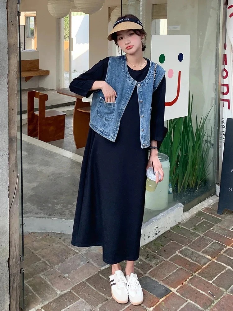 2点 デニムベスト+ワンピース レディース 長袖 tシャツ 大きいサイズ セミロングワンピース コート ベスト