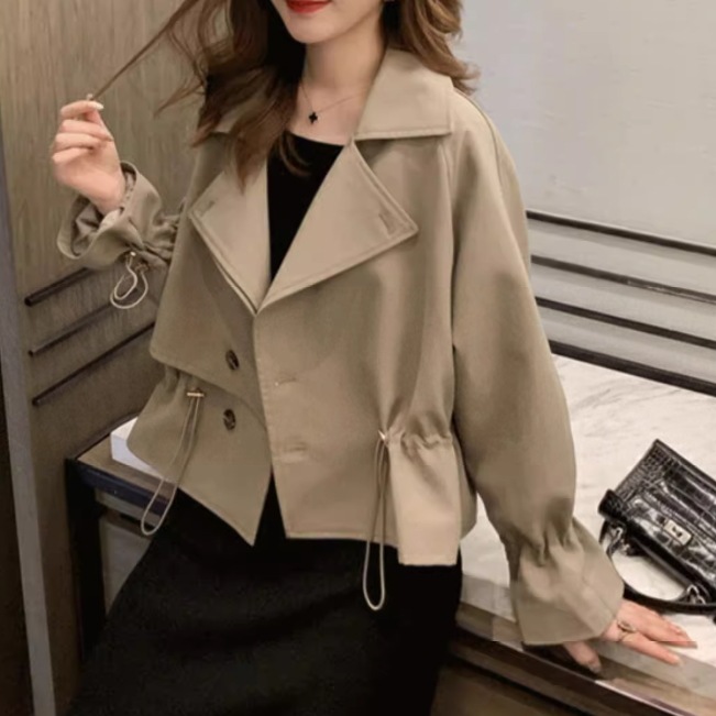 レディース ジャケット コート アウター 上着 前開き ウィンドブレーカー ミディアム 長袖 萌袖 Vネック 襟付き ワイド ハイウエスト ボタン ギャザー 薄手 かわいい 大人可愛い きれいめ