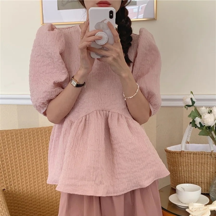 2color レディース トップス ブラウス ペプラム バックダブルリボン シワ加工 レースアップ