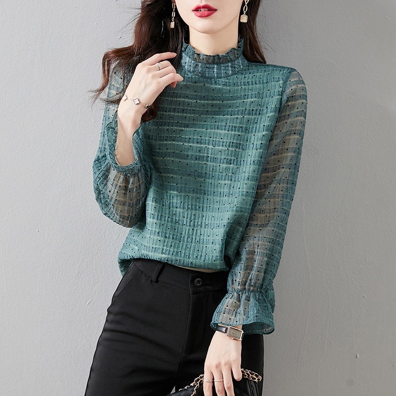 トップス デート レース ブラウス ミドル丈 レギュラー丈 長袖 パフスリーブ フレアスリーブ 萌袖 ハイネック 襟付き タイト 細身 ストレート 裾イン レース シフォン ふわふわ 透け感