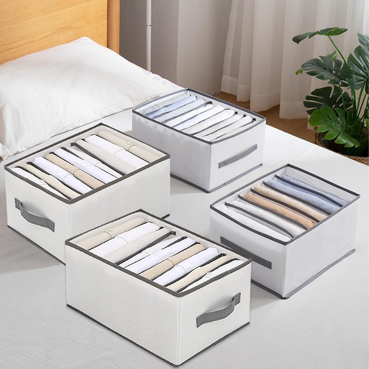 4個セット 衣類収納ボックス 9マス仕切り PPボード 折りたたみ 取っ手付き 自立 大容量 通気性 防塵 防水 洗える スペース節約 幅32奥行25高さ17cm グレー