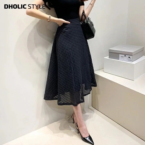 チェックフレアロングスカート・p363490 レディース 【sk】 韓国ファッション ボトムス スカート ロング丈 ロングスカート バックウエストゴム Aライン フレア チェック 裏地 無地 大人 春