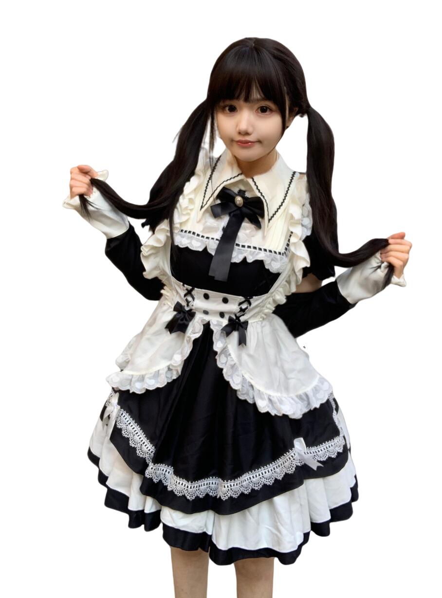 【新作登場 最安値】4点セット 華やかメイド衣装 レディース ハロウィン コスプレ衣装 つけ袖 半袖 ブラック ロリータ メイドドレス ワンピース エプロン 舞台劇 オペラ コスチューム 演出服 ゴ